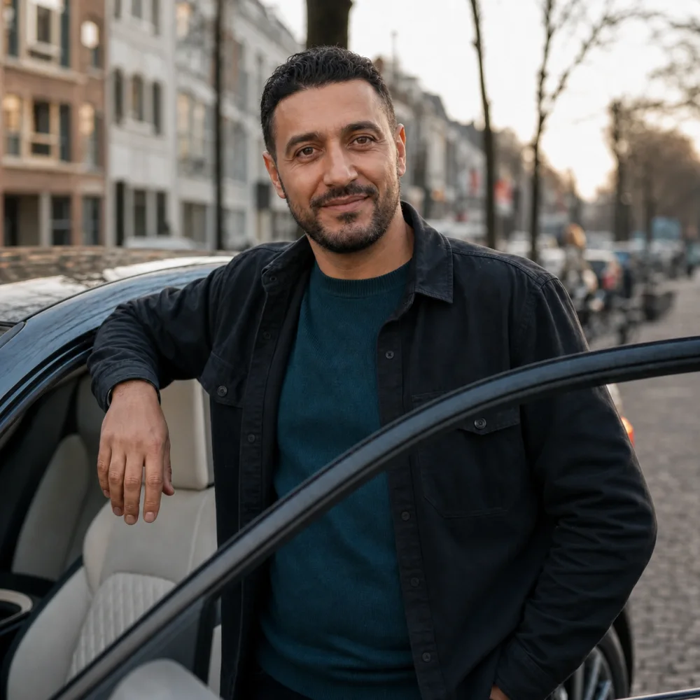 Taxichauffeur naast zijn taxi in een Nederlandse stad
